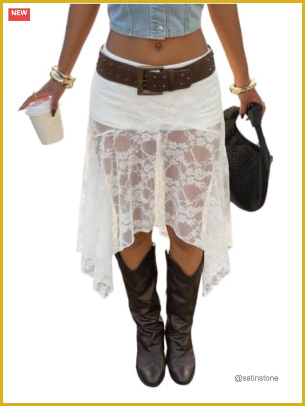 Y2K Lace Mesh Asymmetrical Skirt Flowy Boho Western Cowgirl
